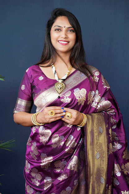 Jyoti Fashion Women's Wine Handloom Banarasi Silk Zari Woven Saree with Blouse