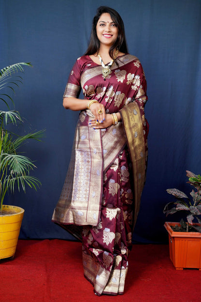 Jyoti Fashion Women's Maroon Handloom Banarasi Silk Zari Woven Saree with Blouse