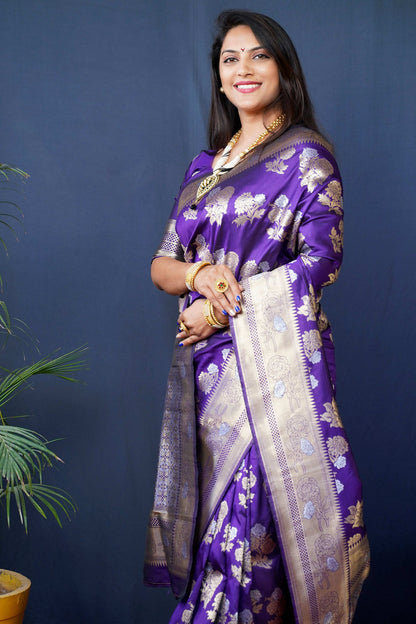 Jyoti Fashion Women's Purple Handloom Banarasi Silk Zari Woven Saree with Blouse