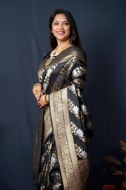 Jyoti Fashion Women's Black Handloom Banarasi Silk Zari Woven Saree with Blouse