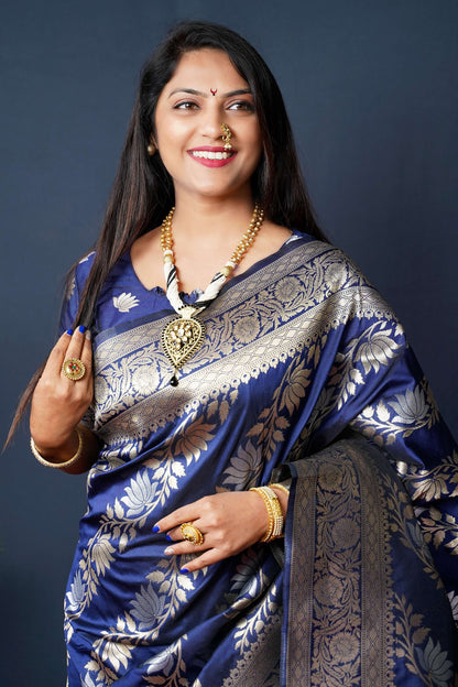 Jyoti Fashion Women's Navy Blue Handloom Banarasi Silk Zari Woven Saree with Blouse