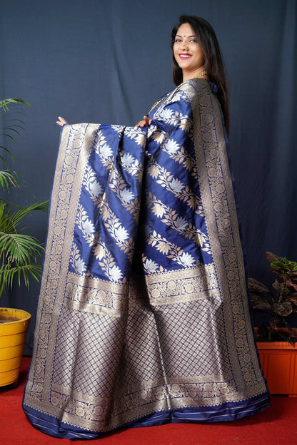 Jyoti Fashion Women's Navy Blue Handloom Banarasi Silk Zari Woven Saree with Blouse