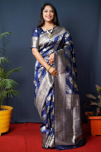 Jyoti Fashion Women's Navy Blue Handloom Banarasi Silk Zari Woven Saree with Blouse