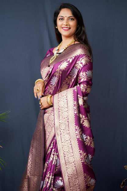 Jyoti Fashion Women's Wine Handloom Banarasi Silk Zari Woven Saree with Blouse