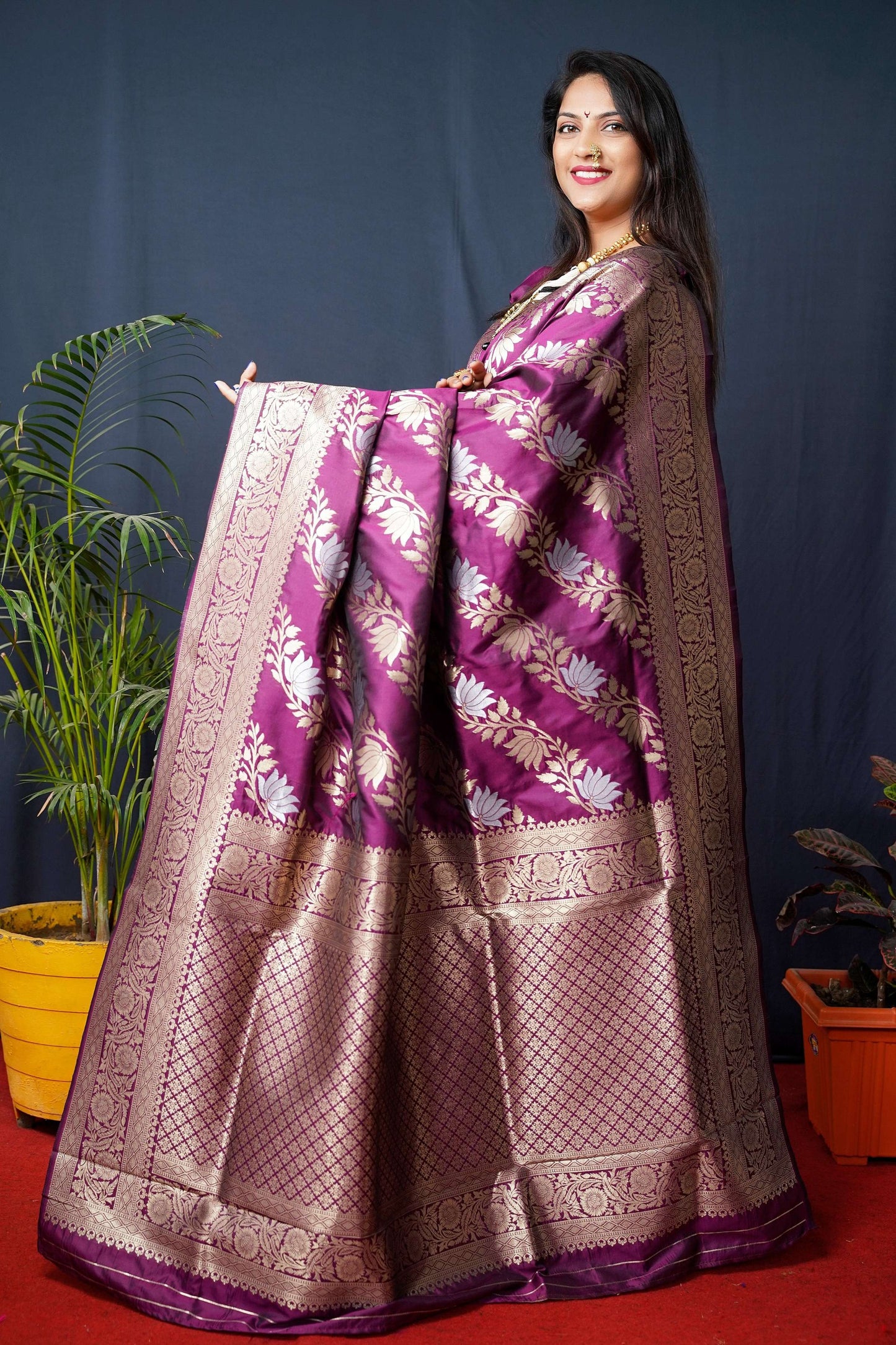 Jyoti Fashion Women's Wine Handloom Banarasi Silk Zari Woven Saree with Blouse