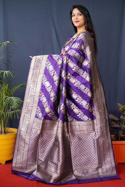 Jyoti Fashion Women's Purple Handloom Banarasi Silk Zari Woven Saree with Blouse