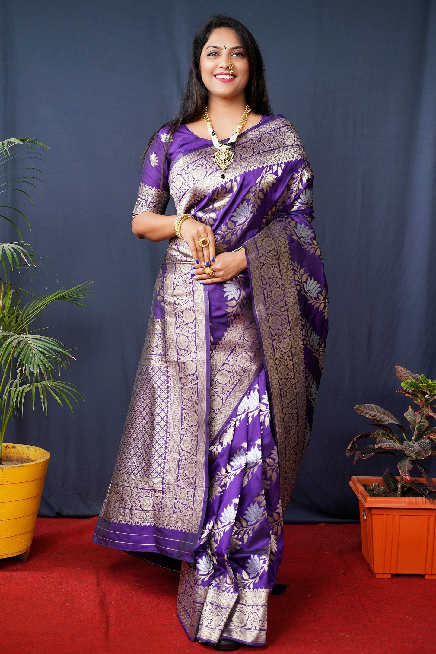 Jyoti Fashion Women's Purple Handloom Banarasi Silk Zari Woven Saree with Blouse