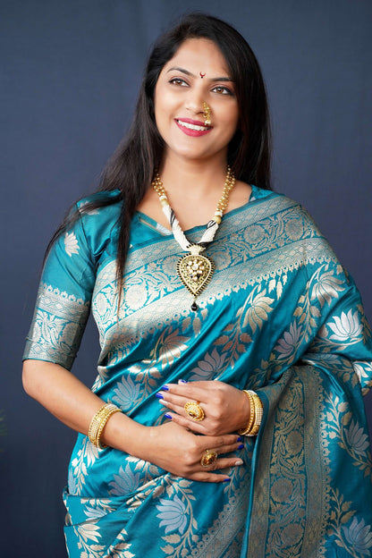 Jyoti Fashion Women's Teal Handloom Banarasi Silk Zari Woven Saree with Blouse