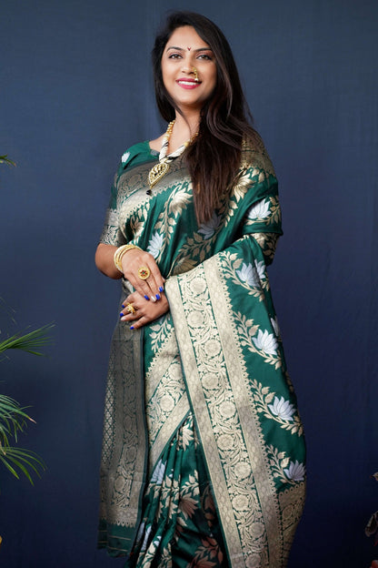 Jyoti Fashion Women's Green Handloom Banarasi Silk Zari Woven Saree with Blouse