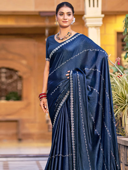 Jyoti Fashion Women's Navy Blue Shimmer Chiffon Embellished Border with Crystal Lines Saree with Blouse