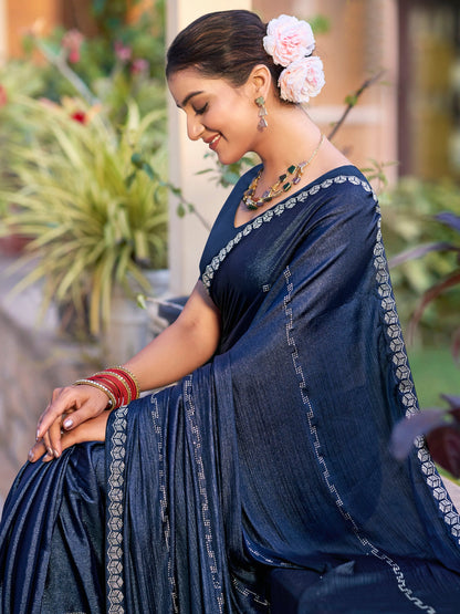 Jyoti Fashion Women's Navy Blue Shimmer Chiffon Embellished Border with Crystal Lines Saree with Blouse