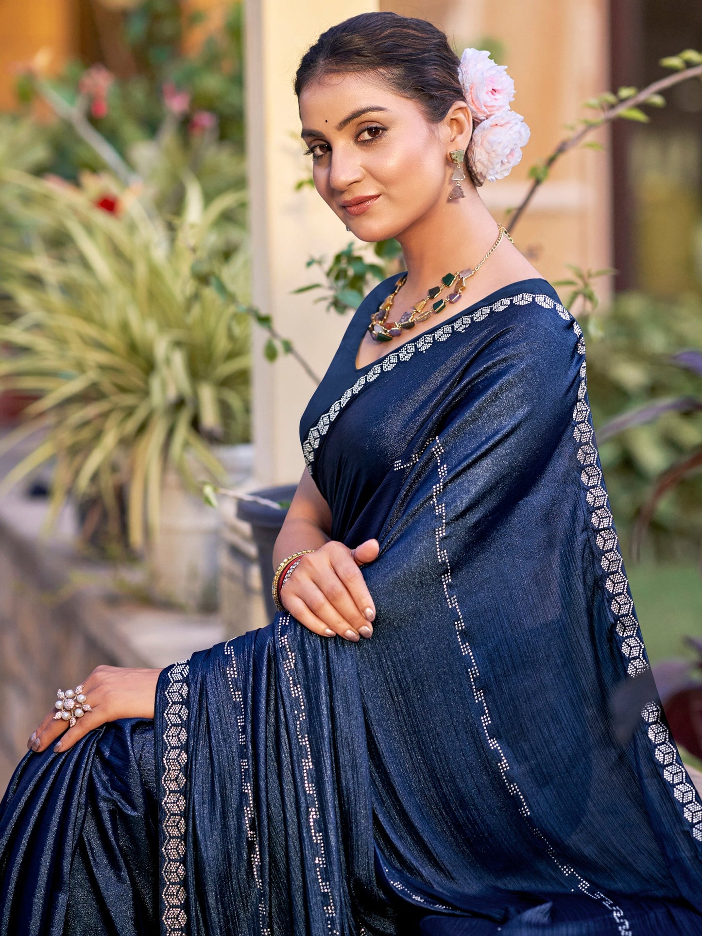 Jyoti Fashion Women's Navy Blue Shimmer Chiffon Embellished Border with Crystal Lines Saree with Blouse