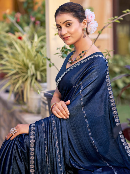 Jyoti Fashion Women's Navy Blue Shimmer Chiffon Embellished Border with Crystal Lines Saree with Blouse