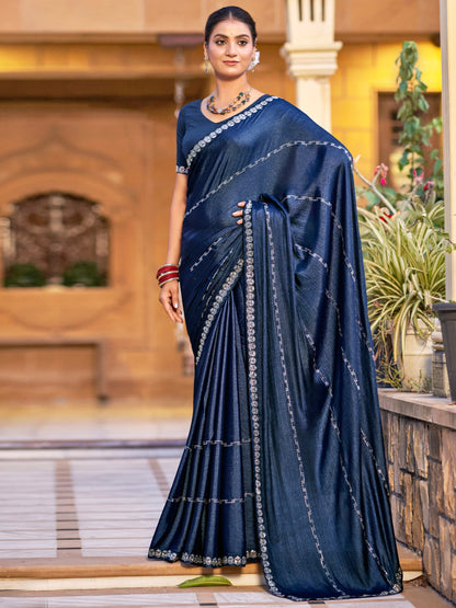 Jyoti Fashion Women's Navy Blue Shimmer Chiffon Embellished Border with Crystal Lines Saree with Blouse