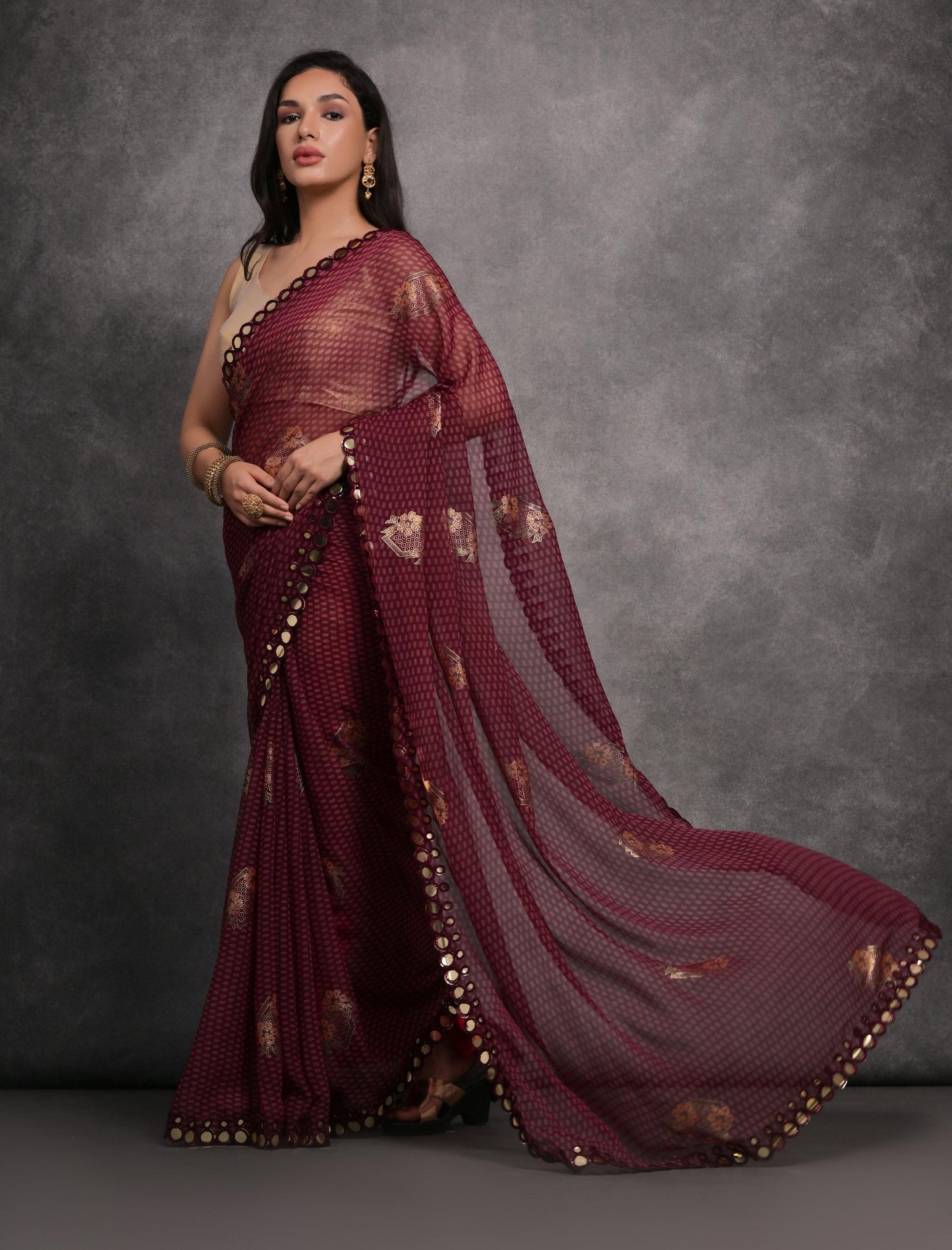 Jyoti Fashion Women's Maroon Chiffon Mirror Work Designer Saree with Blouse
