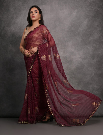 Jyoti Fashion Women's Maroon Chiffon Mirror Work Designer Saree with Blouse