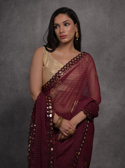 Jyoti Fashion Women's Maroon Chiffon Mirror Work Designer Saree with Blouse