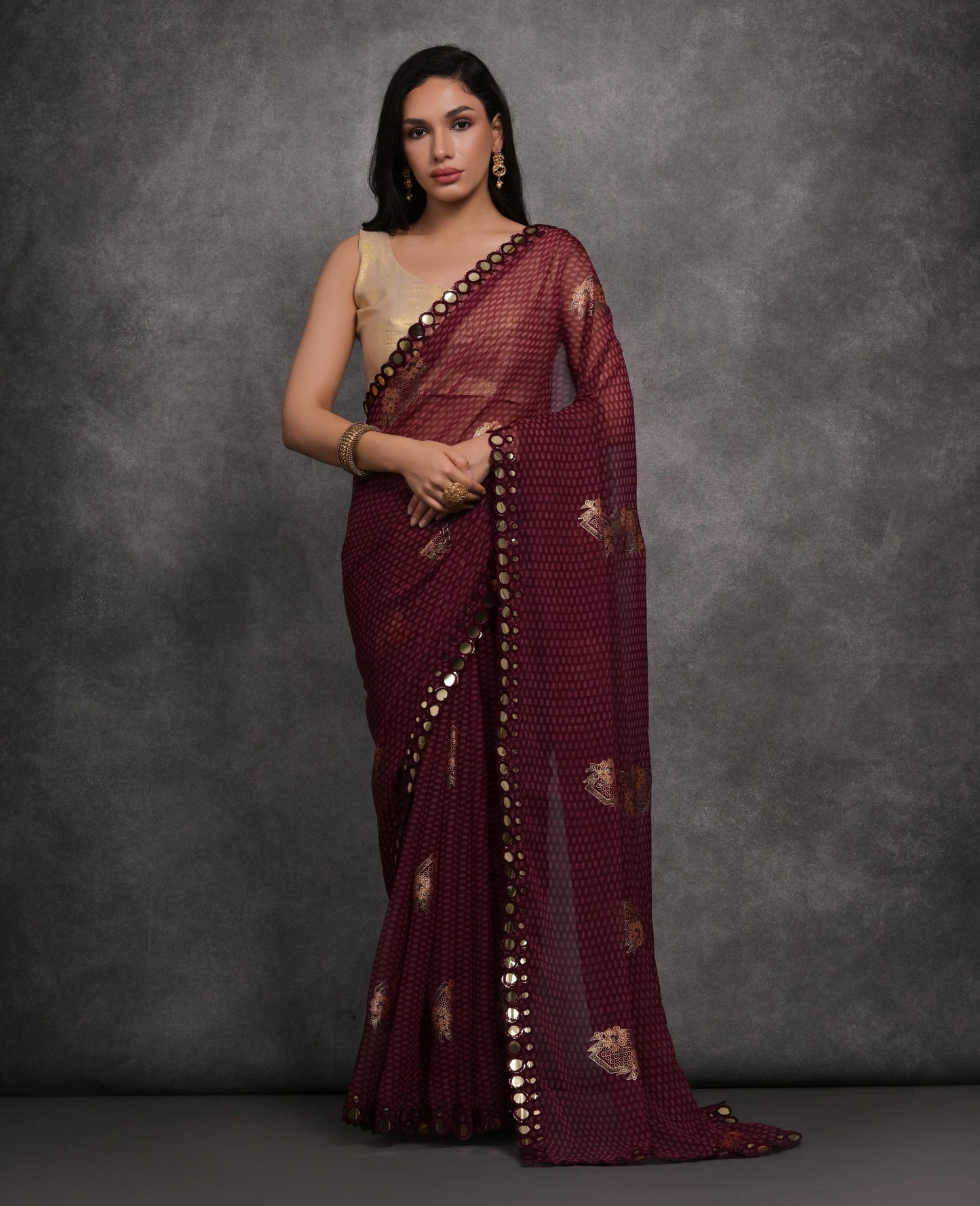 Jyoti Fashion Women's Maroon Chiffon Mirror Work Designer Saree with Blouse