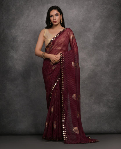 Jyoti Fashion Women's Maroon Chiffon Mirror Work Designer Saree with Blouse