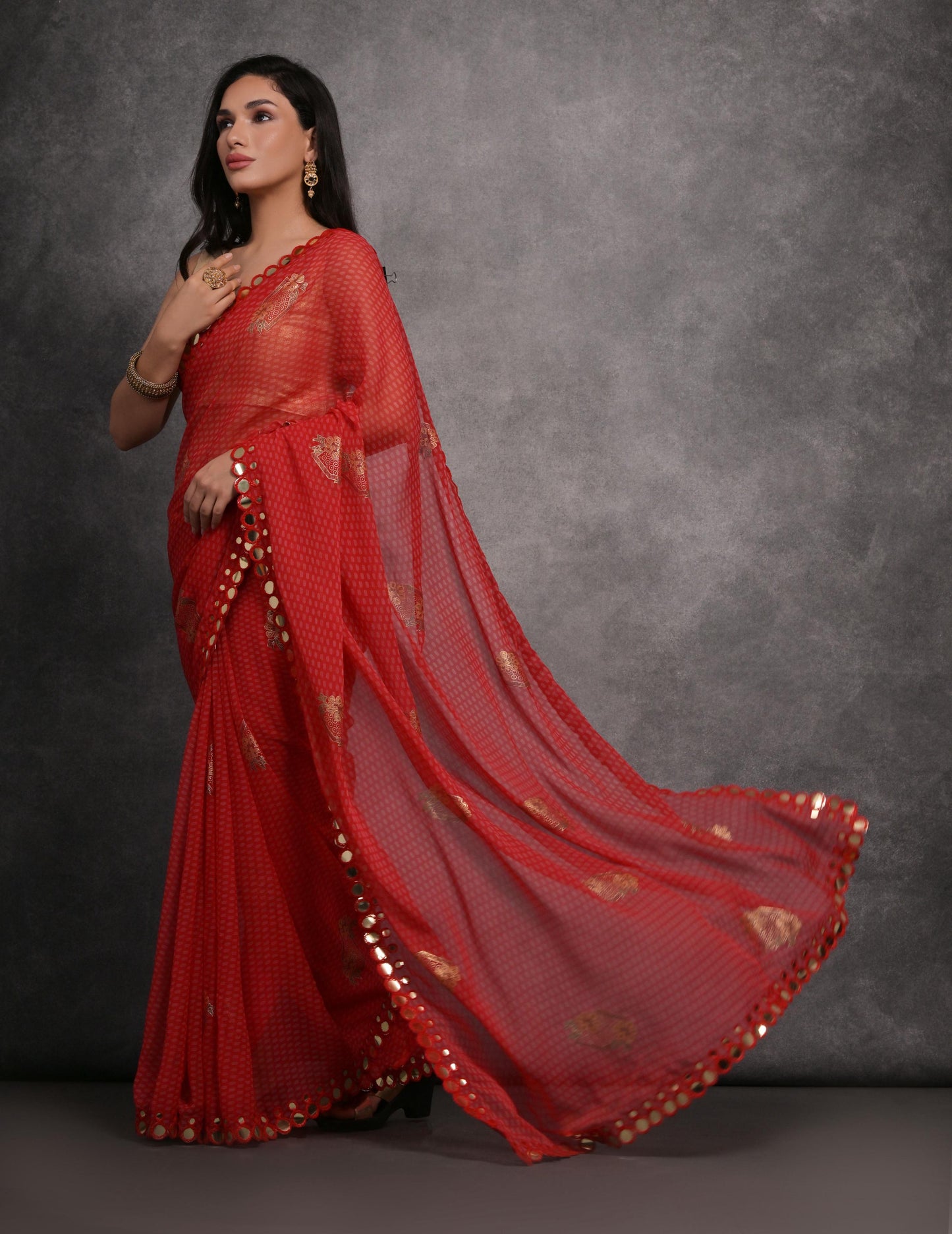 Jyoti Fashion Women's Red Chiffon Mirror Work Designer Saree with Blouse
