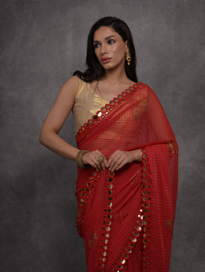Jyoti Fashion Women's Red Chiffon Mirror Work Designer Saree with Blouse