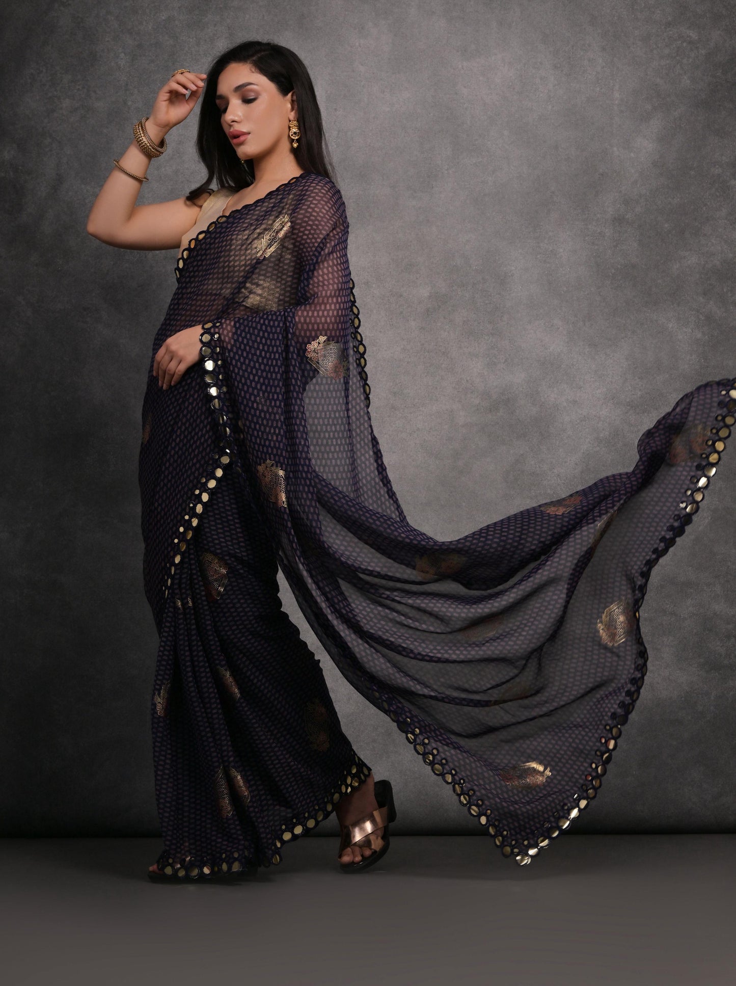 Jyoti Fashion Women's Navy Blue Chiffon Mirror Work Designer Saree with Blouse