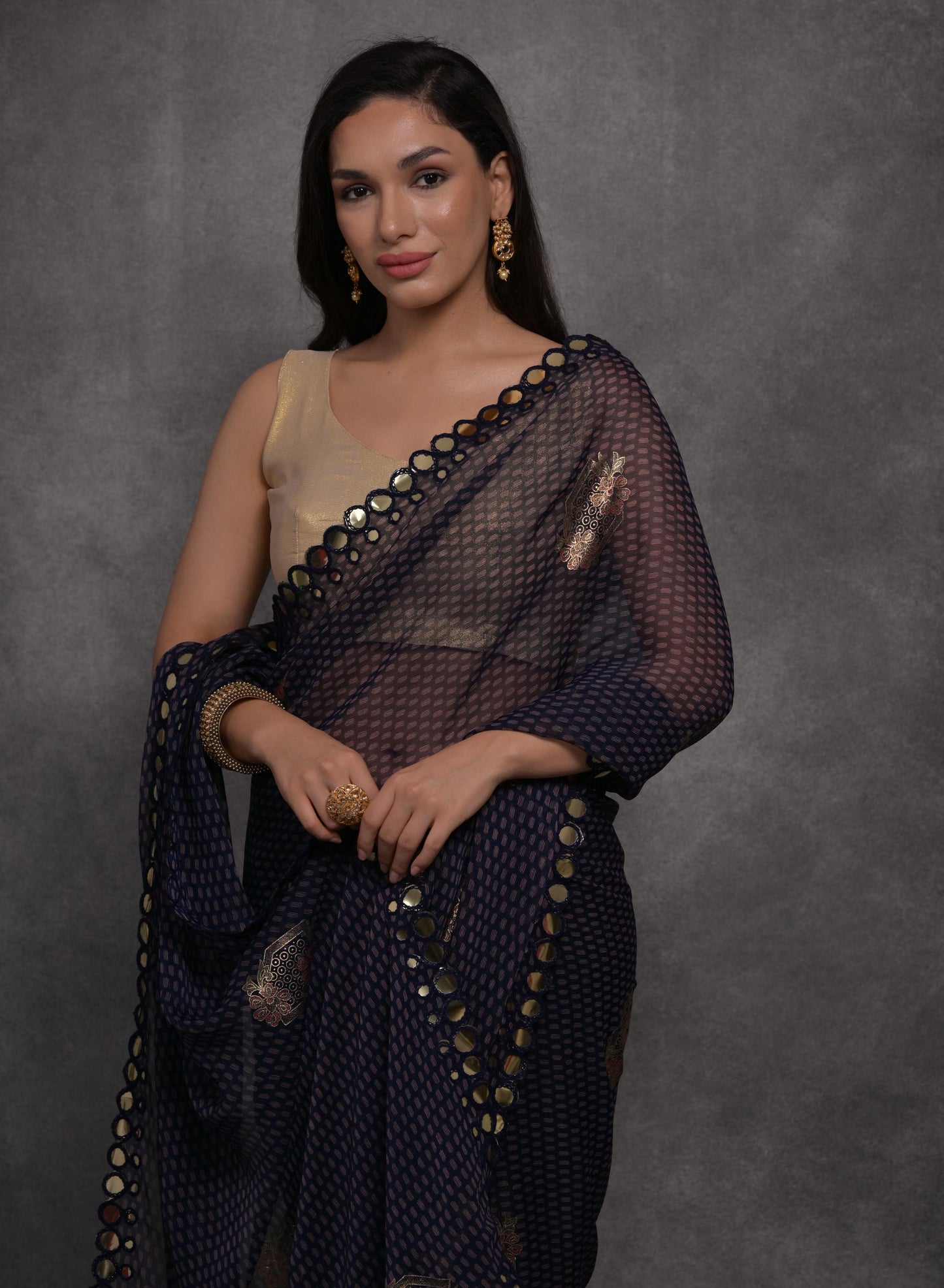 Jyoti Fashion Women's Navy Blue Chiffon Mirror Work Designer Saree with Blouse