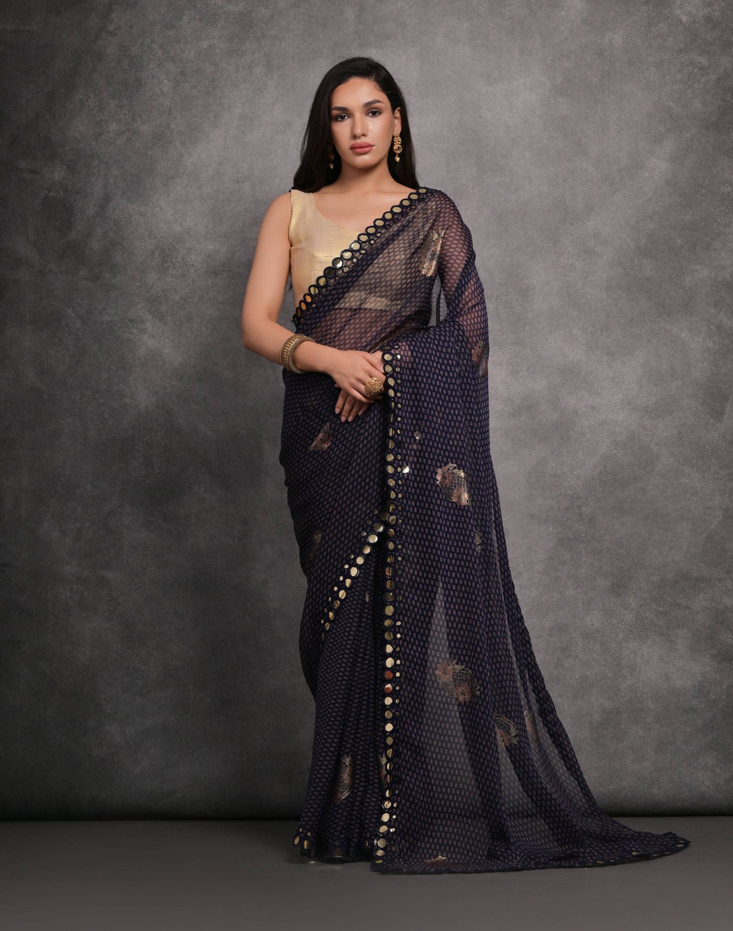 Jyoti Fashion Women's Navy Blue Chiffon Mirror Work Designer Saree with Blouse