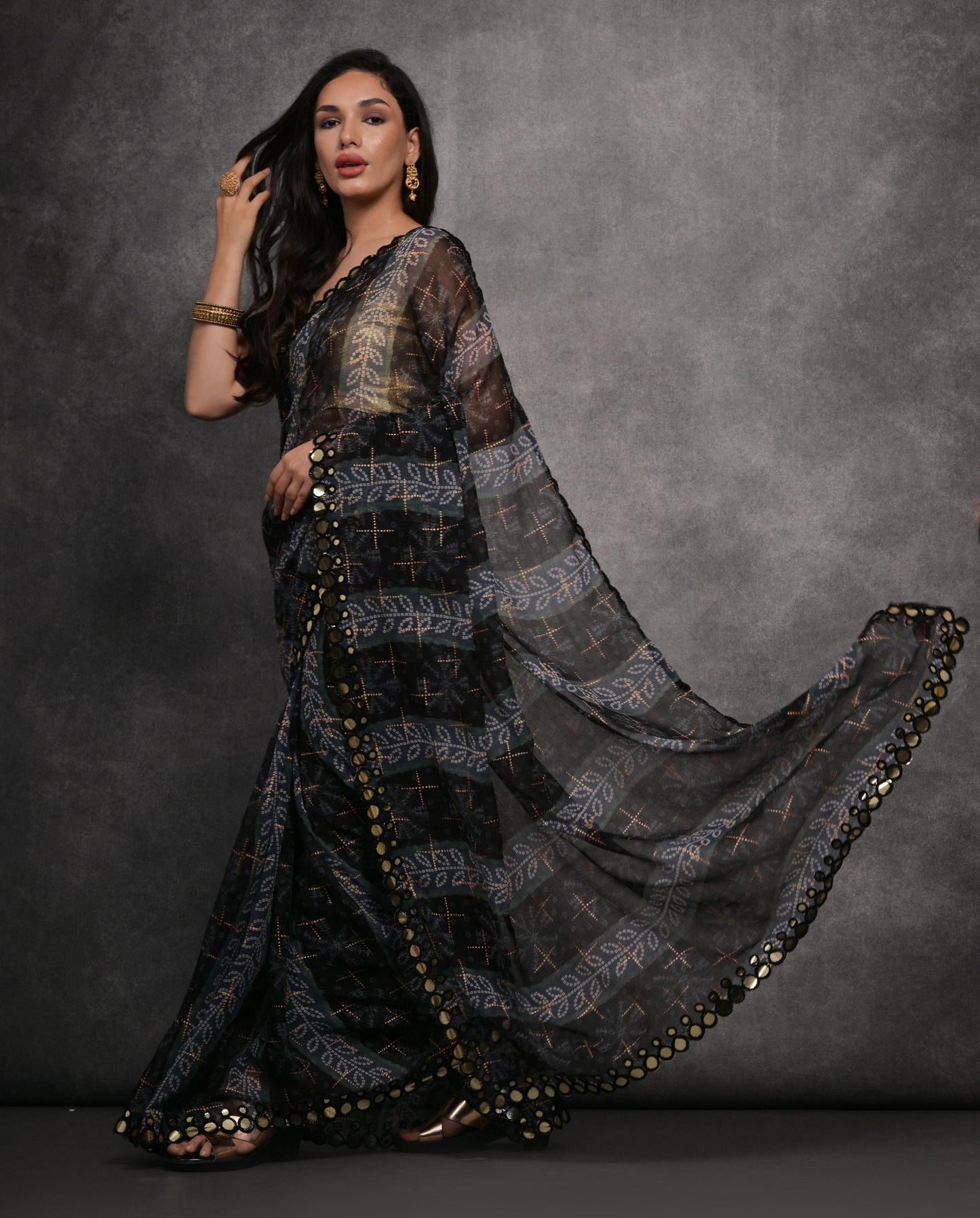 Jyoti Fashion Women's Grey Chiffon Mirror Work Designer Saree with Blouse