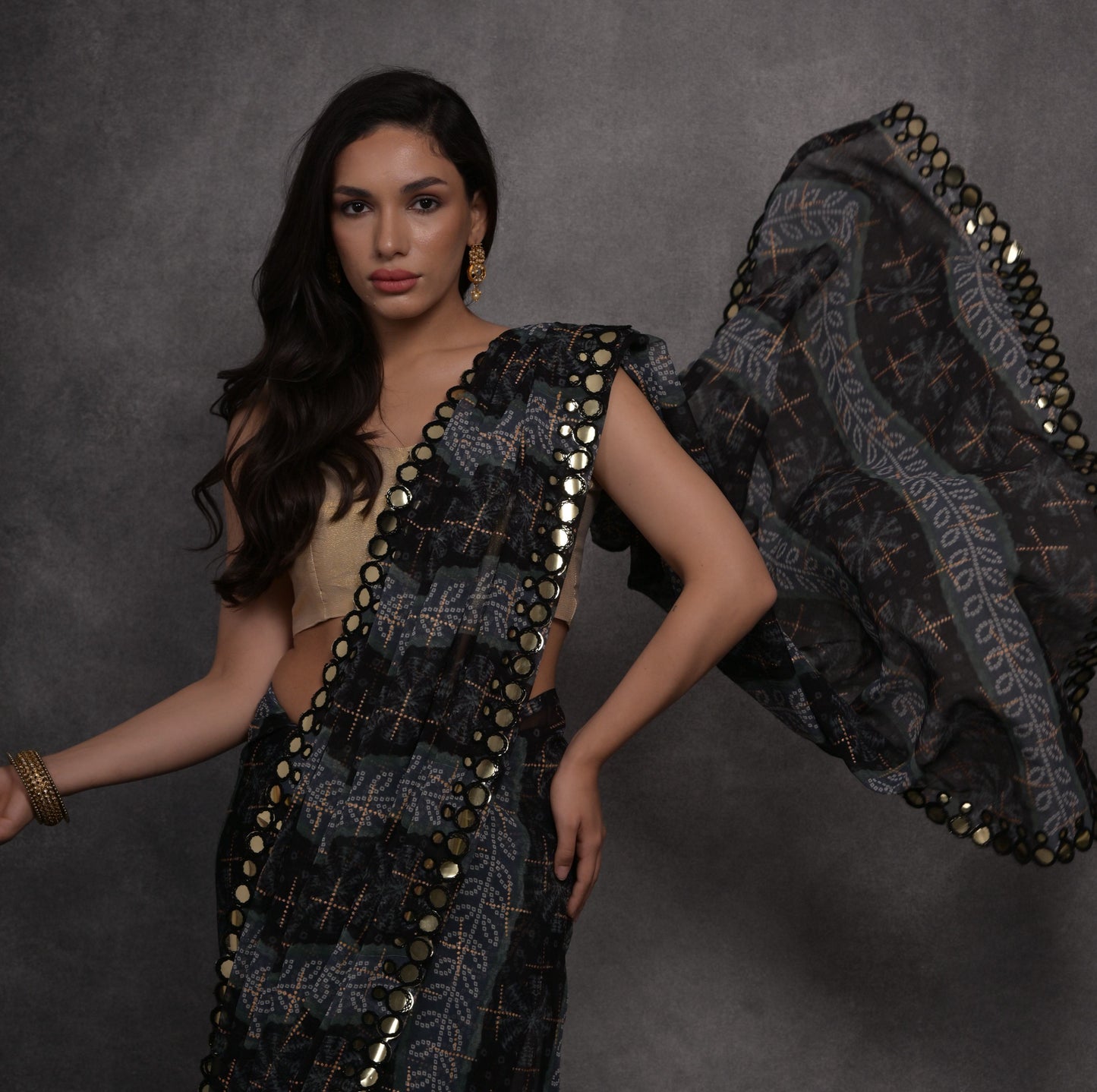 Jyoti Fashion Women's Grey Chiffon Mirror Work Designer Saree with Blouse