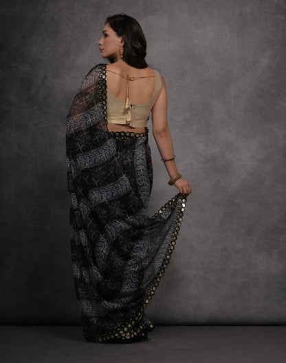 Jyoti Fashion Women's Grey Chiffon Mirror Work Designer Saree with Blouse