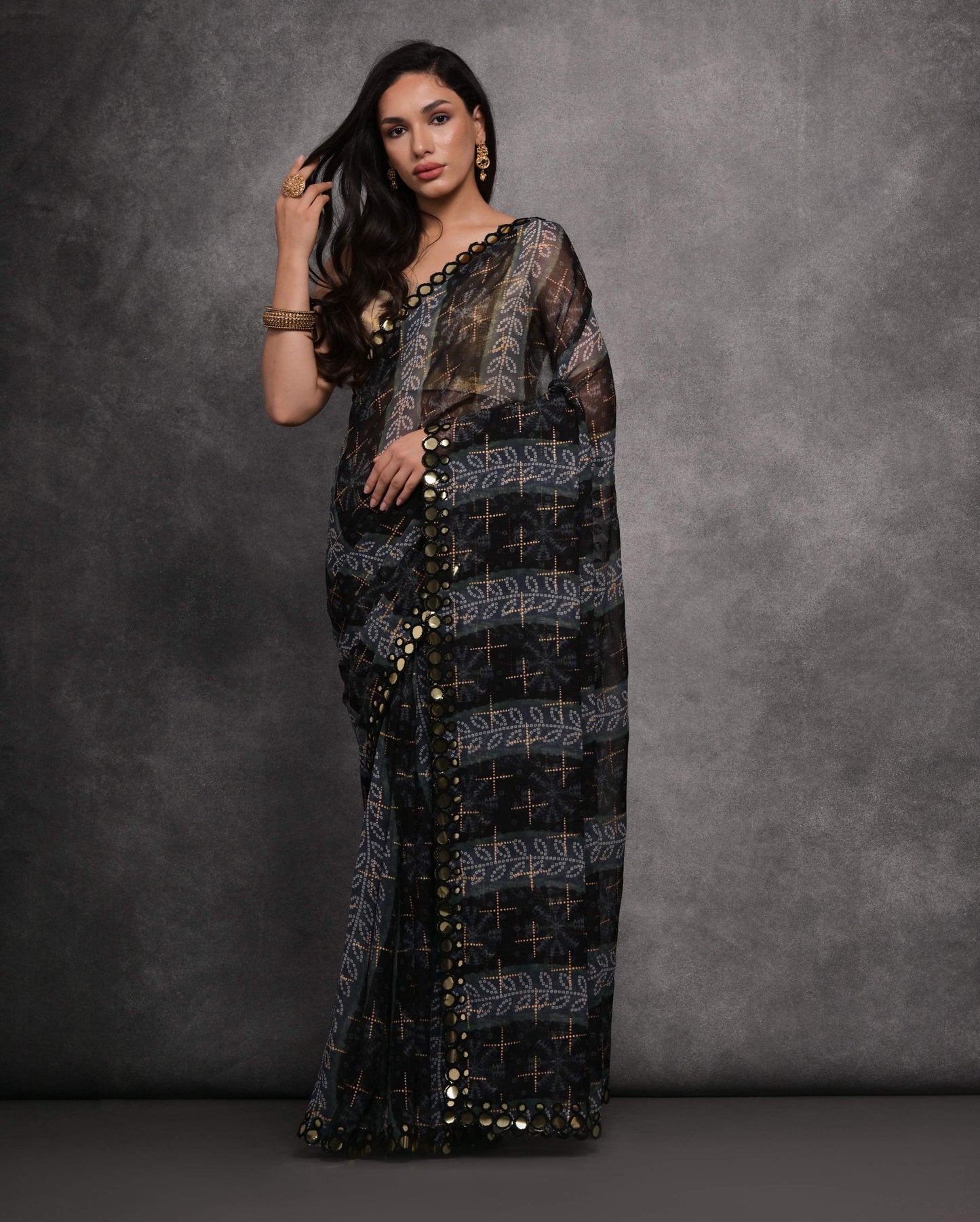 Jyoti Fashion Women's Grey Chiffon Mirror Work Designer Saree with Blouse