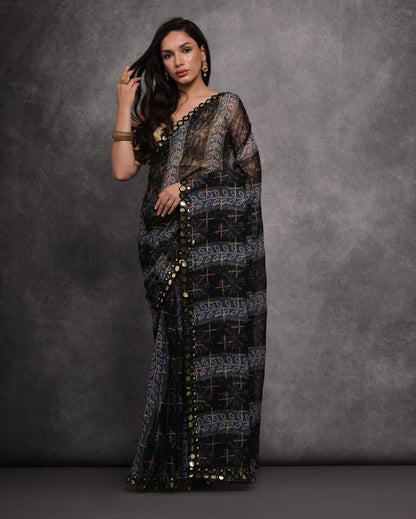 Jyoti Fashion Women's Grey Chiffon Mirror Work Designer Saree with Blouse