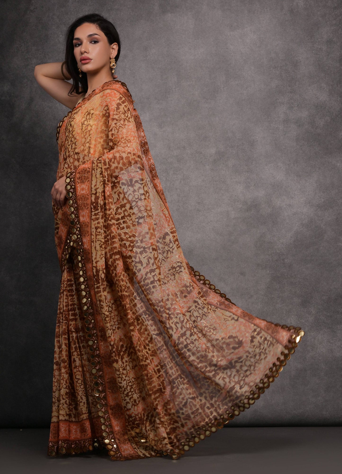 Jyoti Fashion Women's Brown Chiffon Mirror Work Designer Saree with Blouse