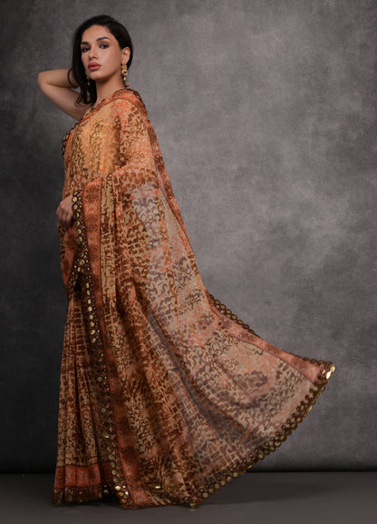 Jyoti Fashion Women's Brown Chiffon Mirror Work Designer Saree with Blouse