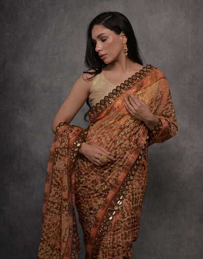Jyoti Fashion Women's Brown Chiffon Mirror Work Designer Saree with Blouse