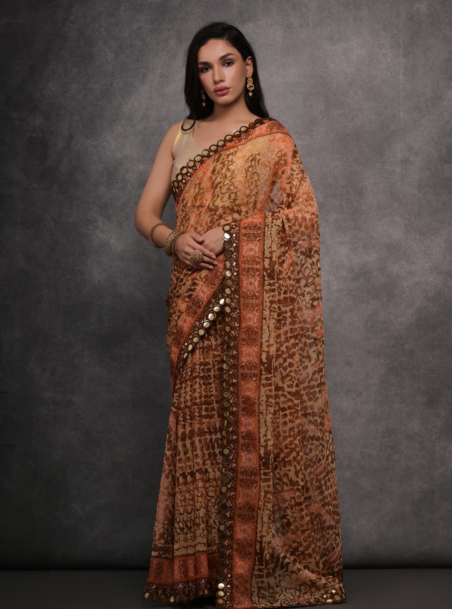 Jyoti Fashion Women's Brown Chiffon Mirror Work Designer Saree with Blouse
