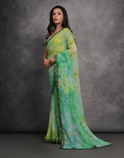 Jyoti Fashion Women's Green Chiffon Print with Mirror Work Designer Saree with Blouse