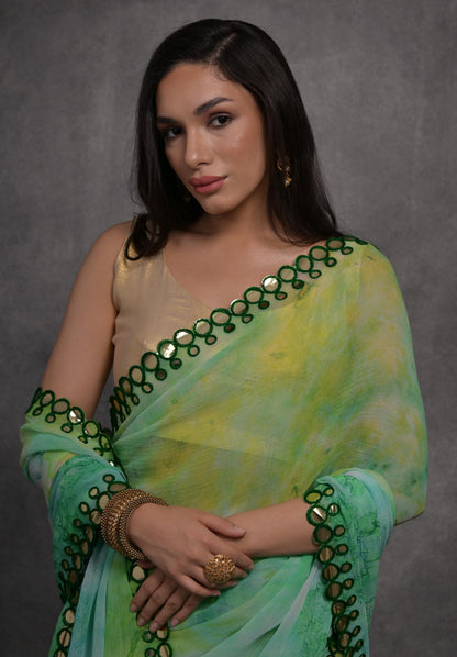Jyoti Fashion Women's Green Chiffon Print with Mirror Work Designer Saree with Blouse