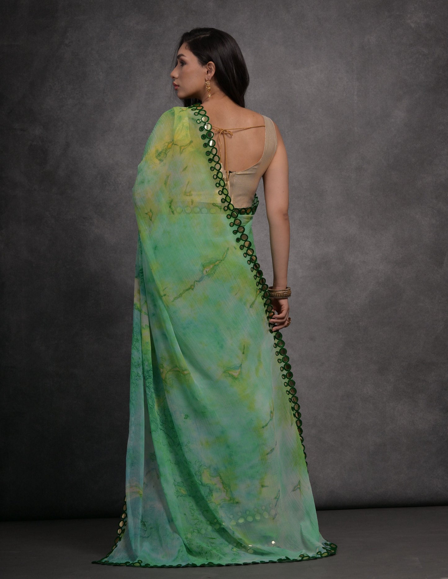 Jyoti Fashion Women's Green Chiffon Print with Mirror Work Designer Saree with Blouse