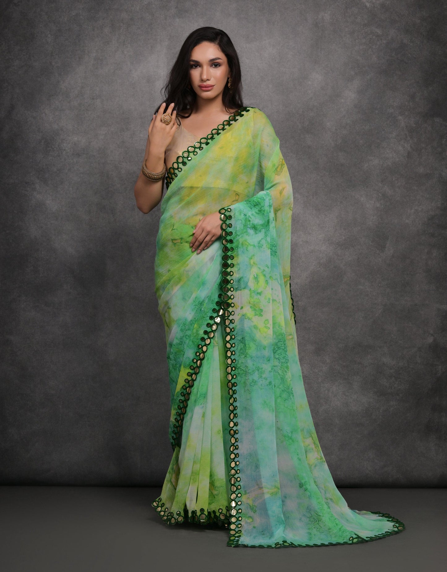 Jyoti Fashion Women's Green Chiffon Print with Mirror Work Designer Saree with Blouse