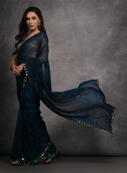 Jyoti Fashion Women's Navy Blue Chiffon Print with Mirror Work Designer Saree with Blouse