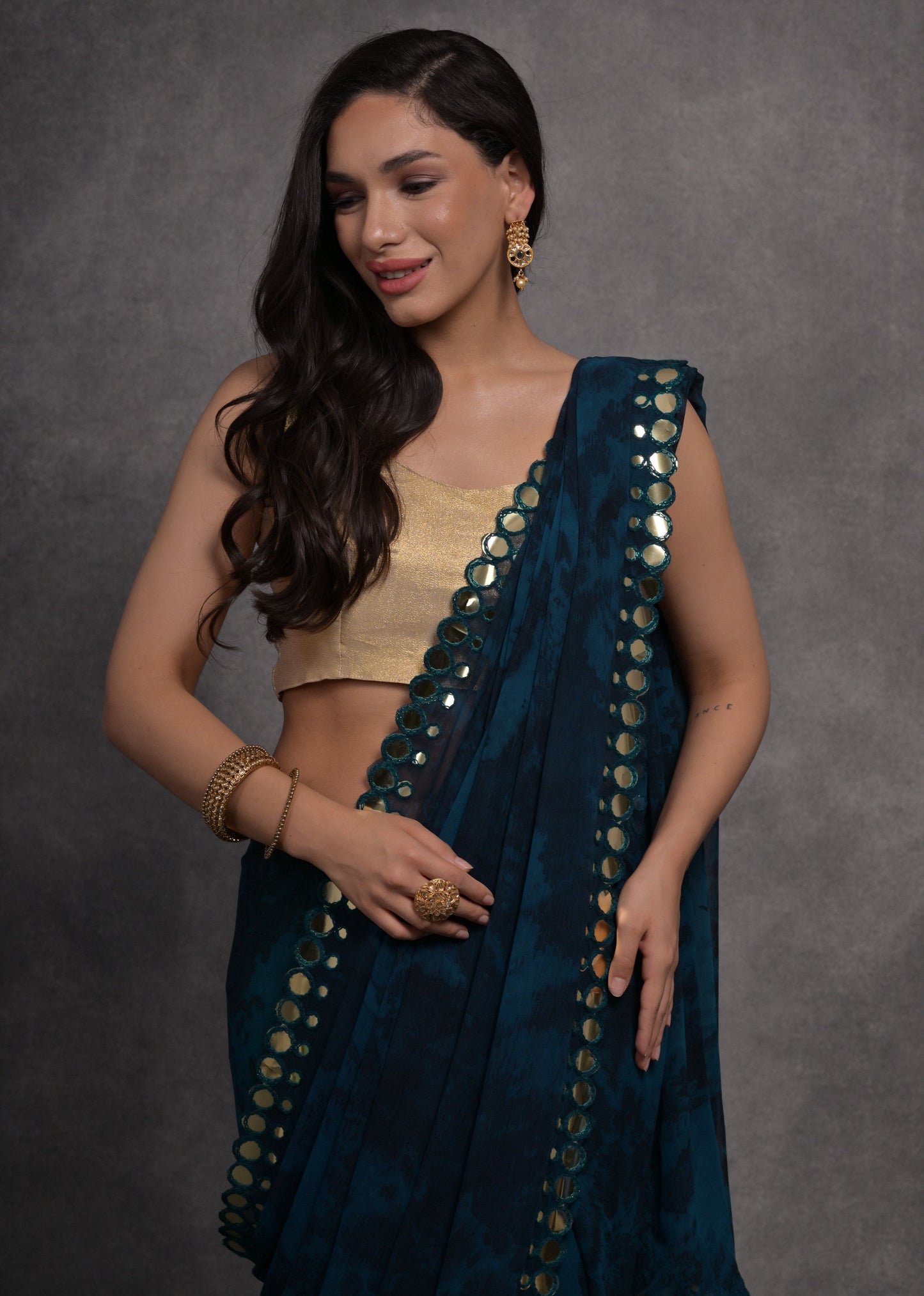 Jyoti Fashion Women's Navy Blue Chiffon Print with Mirror Work Designer Saree with Blouse