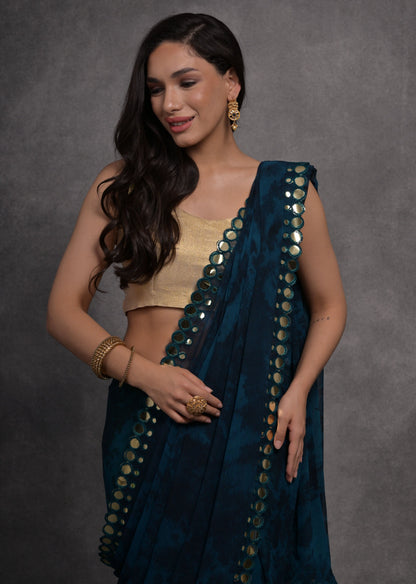 Jyoti Fashion Women's Navy Blue Chiffon Print with Mirror Work Designer Saree with Blouse