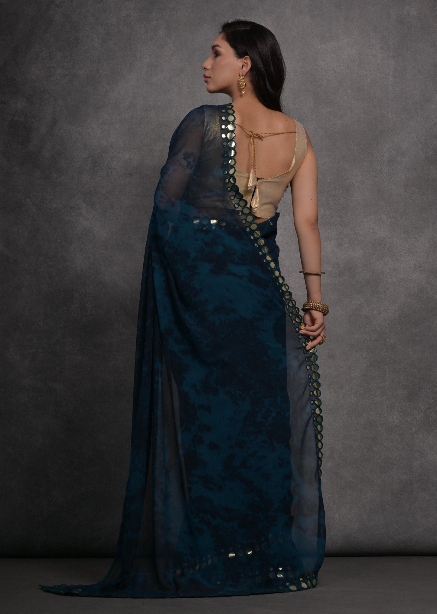 Jyoti Fashion Women's Navy Blue Chiffon Print with Mirror Work Designer Saree with Blouse