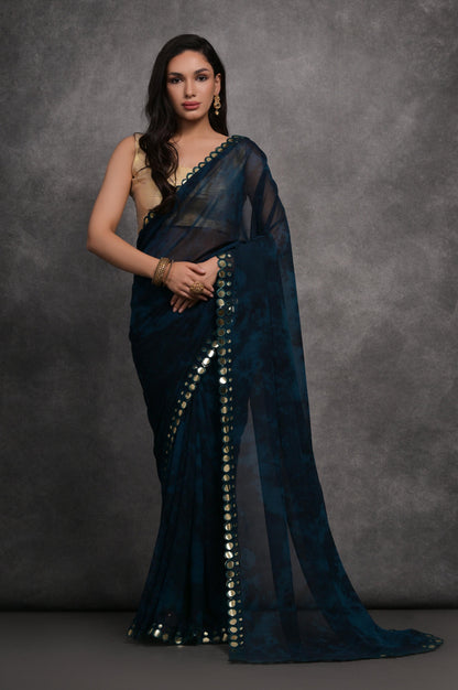 Jyoti Fashion Women's Navy Blue Chiffon Print with Mirror Work Designer Saree with Blouse