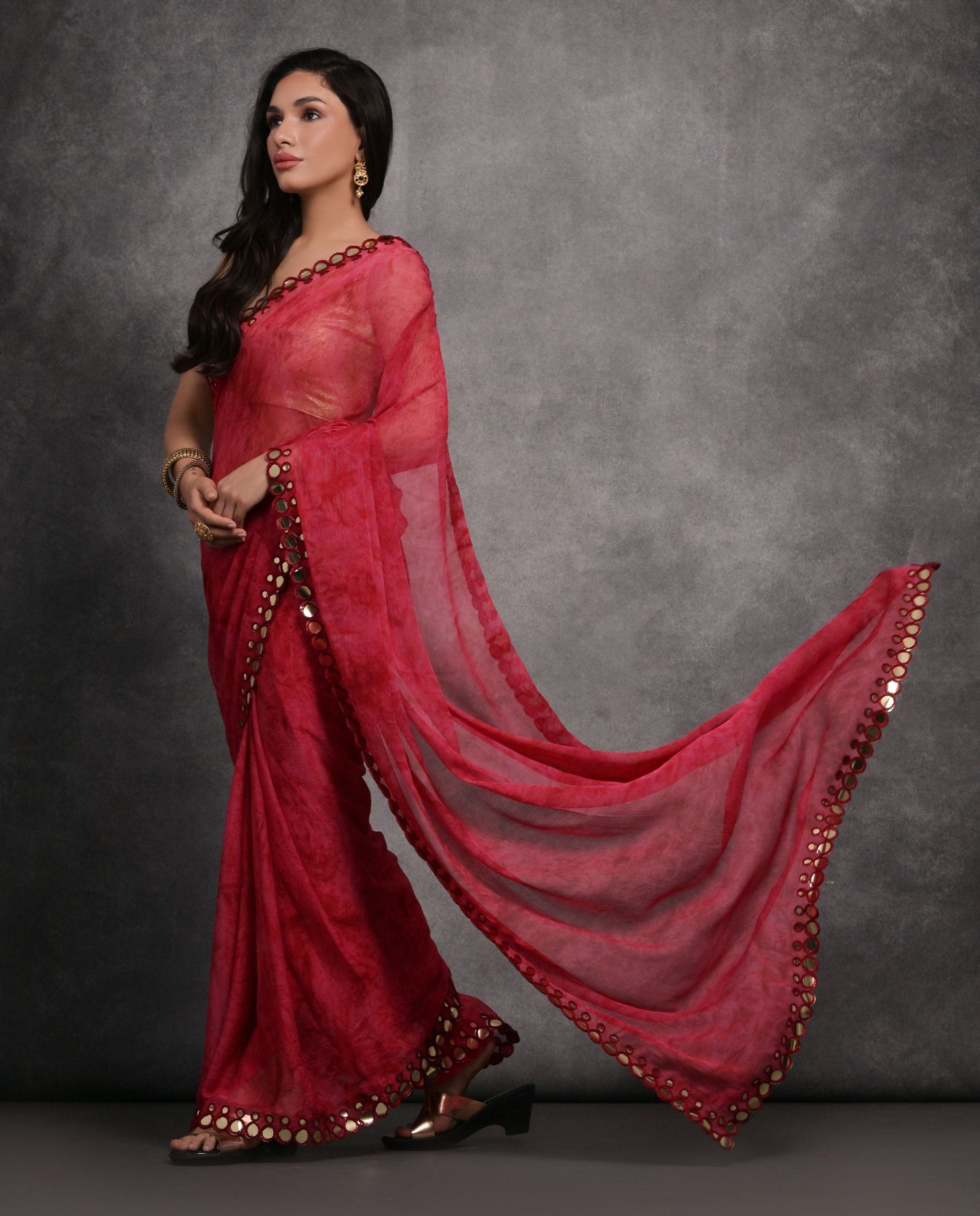 Jyoti Fashion Women's Pink Chiffon Print with Mirror Work Designer Saree with Blouse