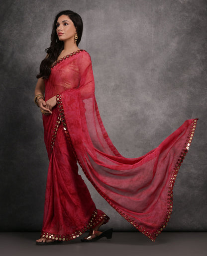 Jyoti Fashion Women's Pink Chiffon Print with Mirror Work Designer Saree with Blouse