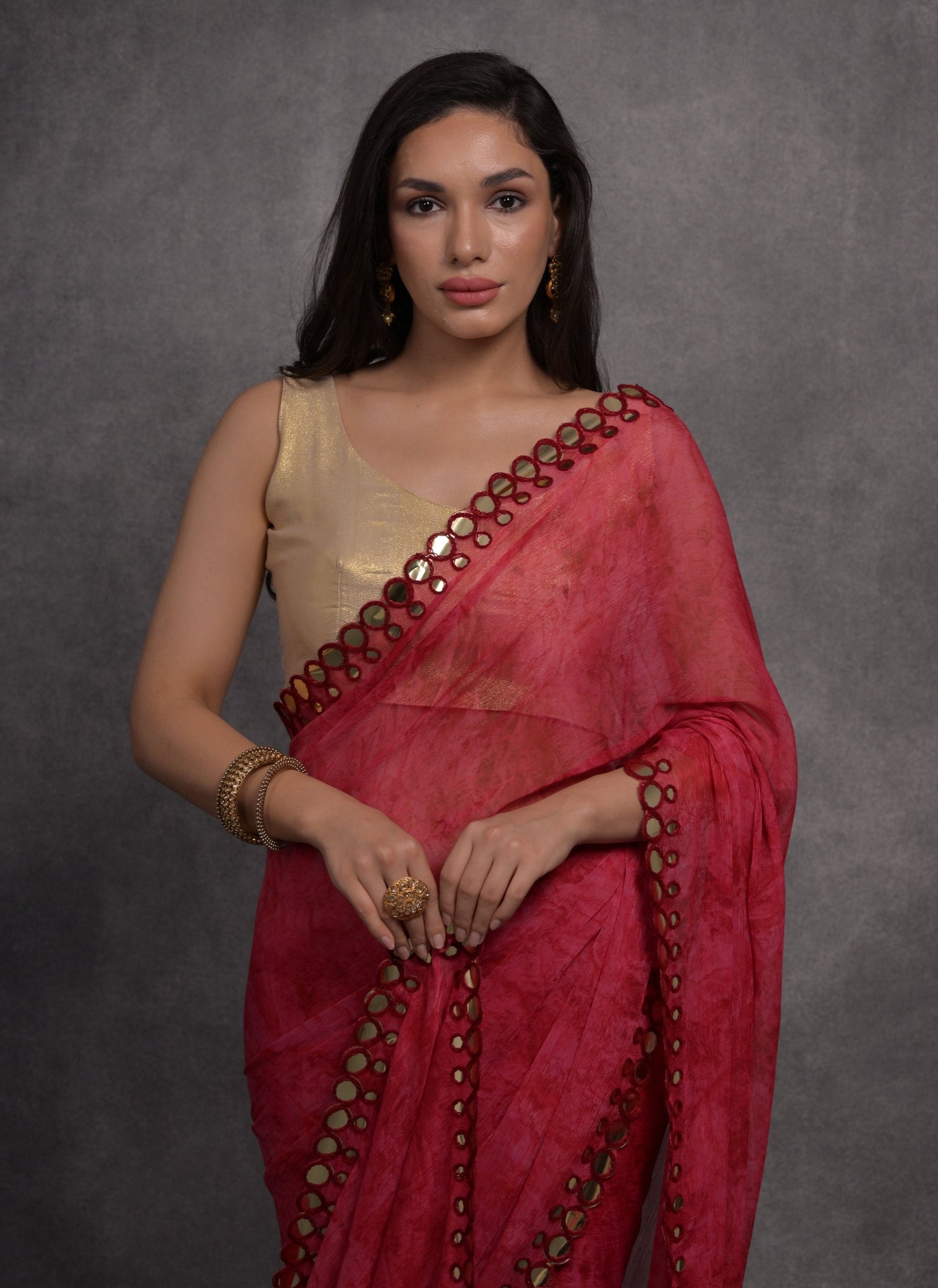 Jyoti Fashion Women's Pink Chiffon Print with Mirror Work Designer Saree with Blouse