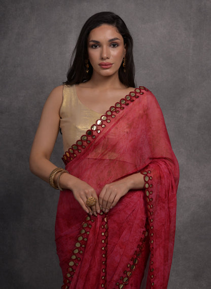 Jyoti Fashion Women's Pink Chiffon Print with Mirror Work Designer Saree with Blouse